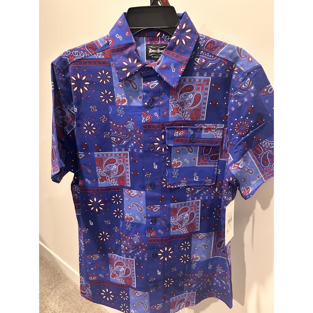 Snoop Dogg Dogg Supply Blue Bandana‎ Paisley Patchwork Mens Woven Shirt- (S)